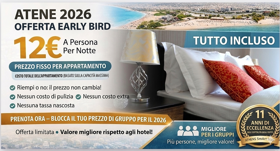 Un'immagine pubblicitaria che mostra un appartamento moderno con due divani in pelle, un tavolo in vetro e una vista sulla città di Atene. Il testo annuncia un'offerta di affitto vacanze nel centro di Atene a partire da 12€ a persona a notte.