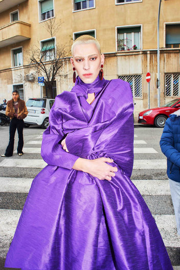 street shooting with model wearing fashion colorful dresses 