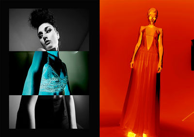 model wear black and white dress in a photographic studio