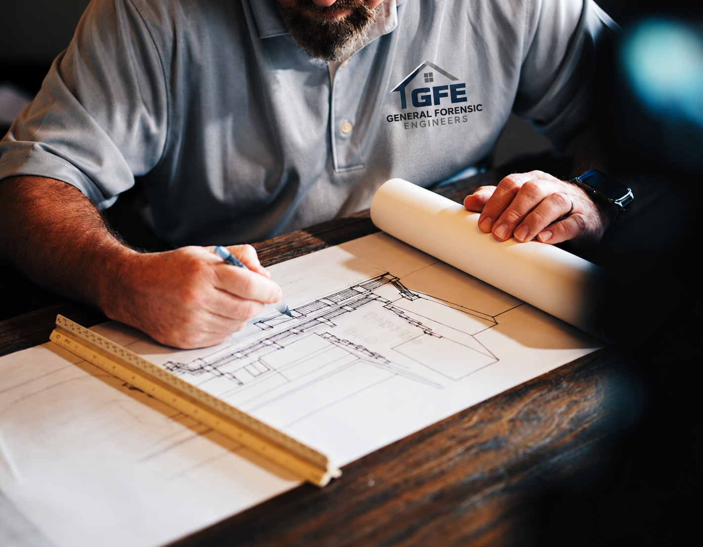 GFE-branded professional reviewing architectural plans