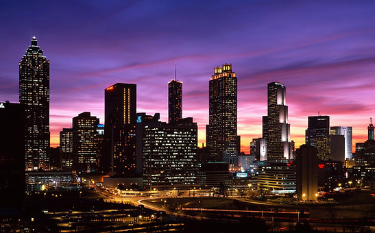 A picture of the Atlanta skyline at night.