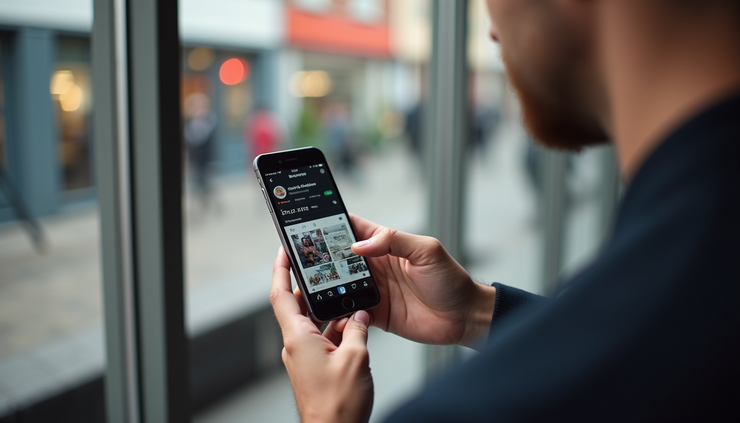 Eye-level view of a smartphone displaying a UK business social media profile with engagement metrics
