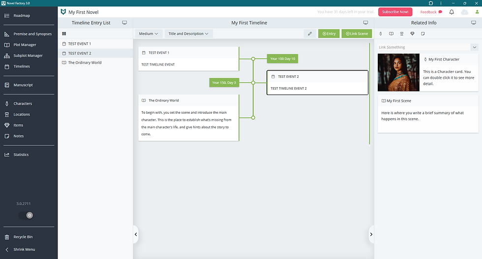 Novel Factory 3.0 timeline editor with event cards, left navigation, and a character profile on the right.