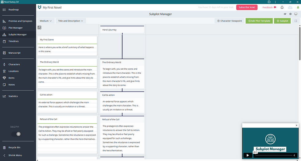 Novel Factory 3.0 Subplot Manager screen with left navigation, scene cards, Hero’s Journey timeline, and teal video preview popup