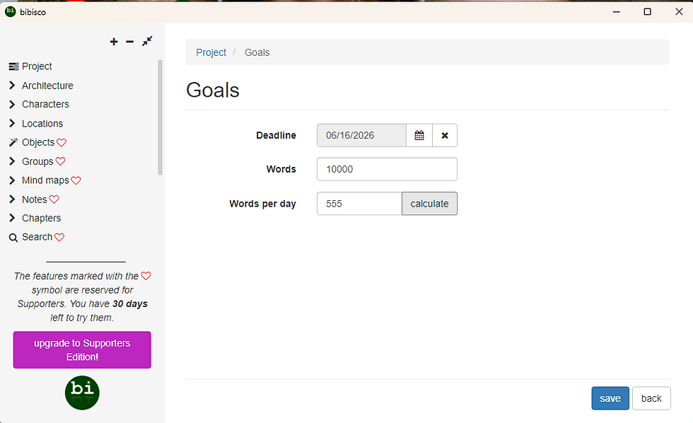 Bibisco app Goals page with deadline, words, and words-per-day fields, calculate button, sidebar menu, and save/back buttons.