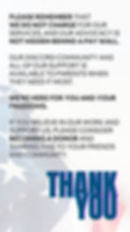Text about free advocacy services, support on Discord, and "If you believe in our work and support us, please consider becoming a donor and sharing this to your friends and community" over an American flag background. Bold "THANK YOU" at the bottom.
