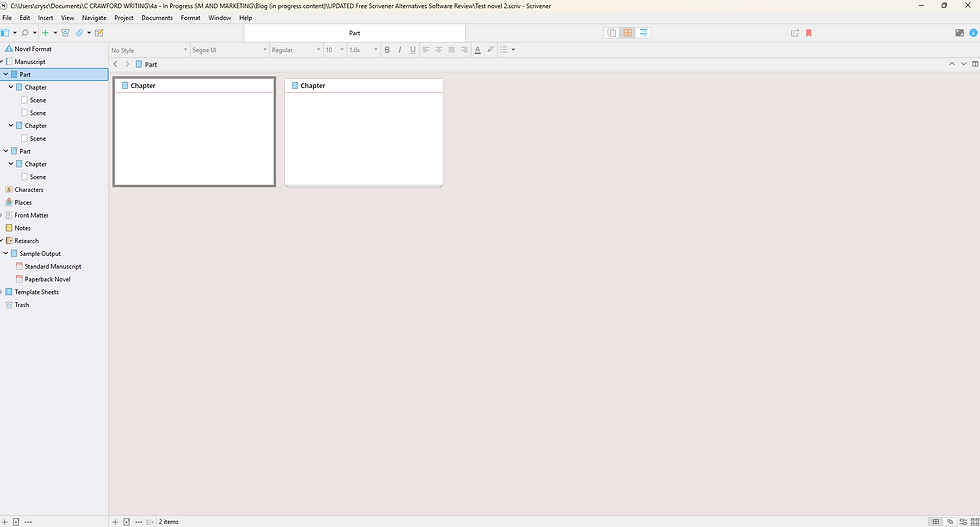 Scrivener writing app with manuscript tree on left and two blank Chapter cards on a corkboard workspace.