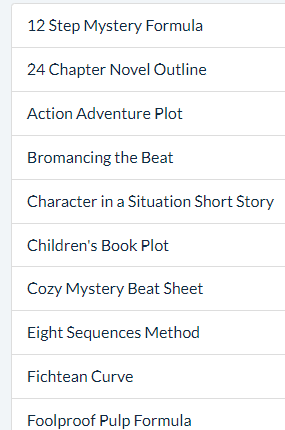 White list menu of story-plot templates, including 12 Step Mystery Formula and 24 Chapter Novel Outline, in blue text on gray rows.