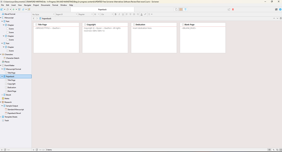 Scrivener window showing Paperback template with Title Page, Copyright, Dedication, and Blank Page cards in a writing project