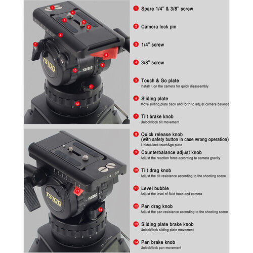 Thumbnail: Teris TS100AL Fluid Head & Tripod Kit ( 12 KG )Base Mount: 100mm
