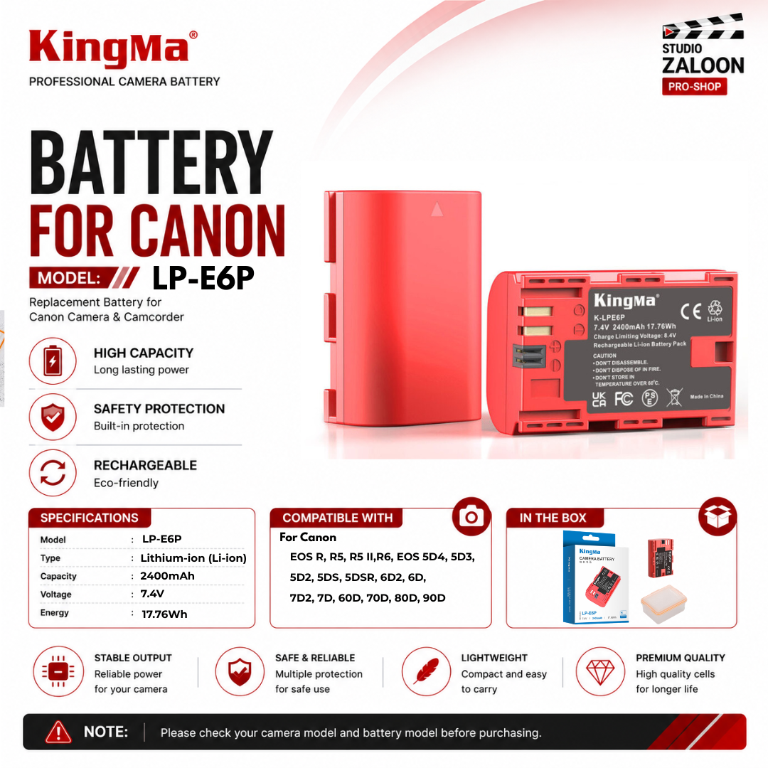 KingMa LP-E6P 2400mAh Battery For Canon R5 R5II R6 5D4 5D3 90D 80D
