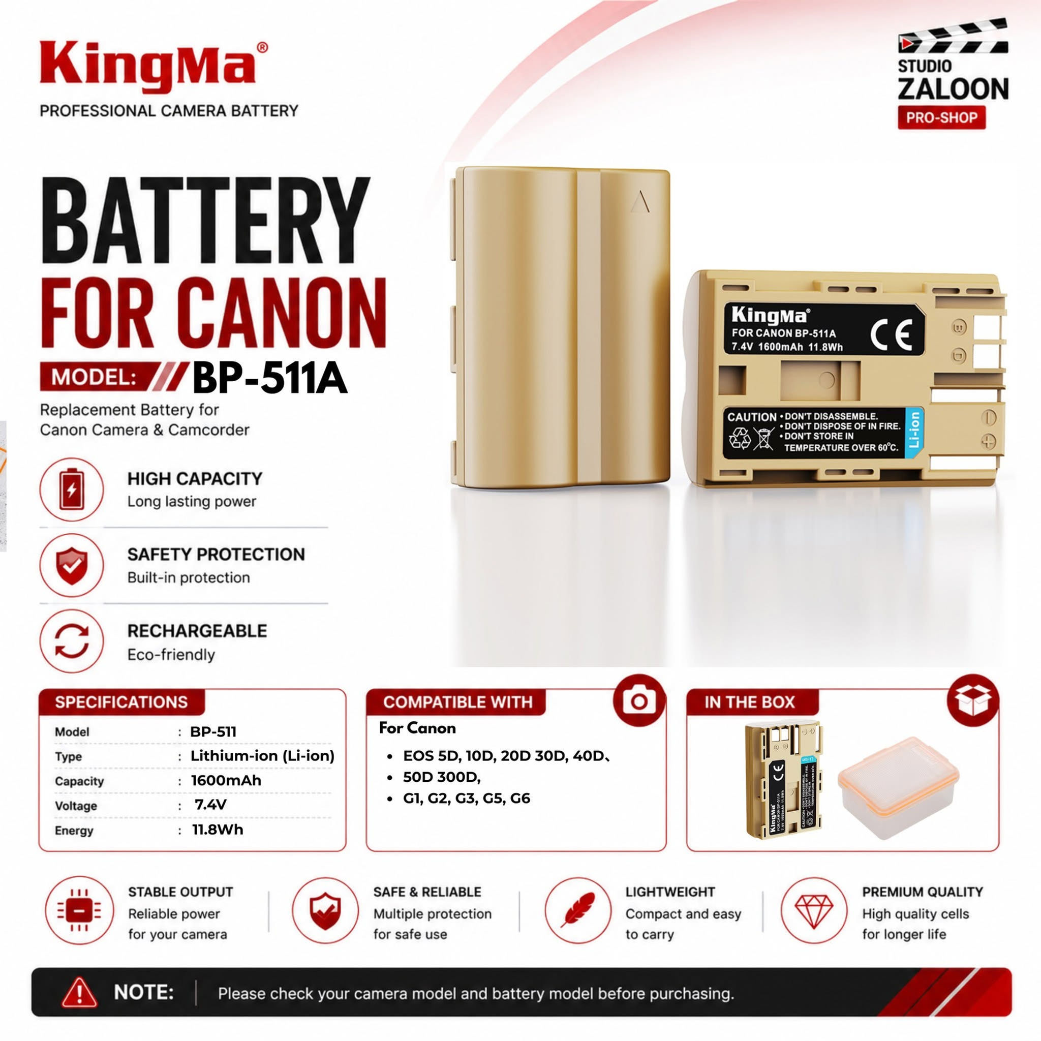 KingMa BP-511A 1600mAh Battery For Canon 5D 10D 20D 30D 40D 50D 300D