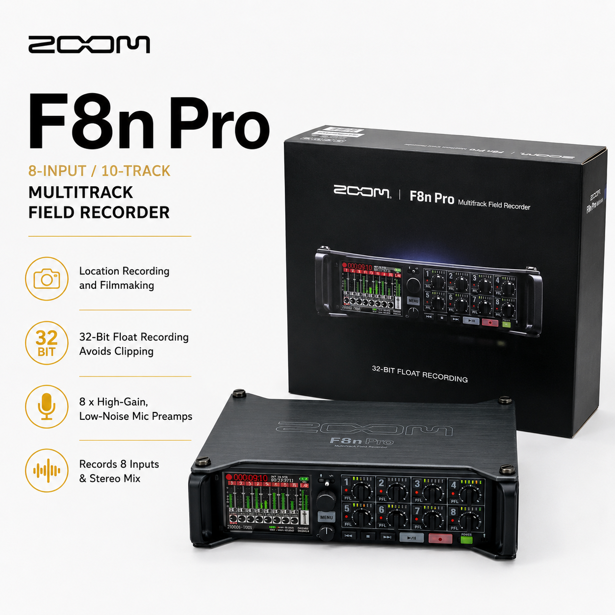 Zoom F8n Pro 8-Input / 10-Track Multitrack Field Recorder