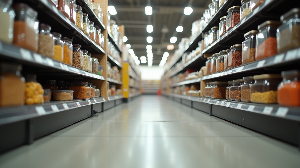 Eye-level view of a grocery store aisle with bulk food bins