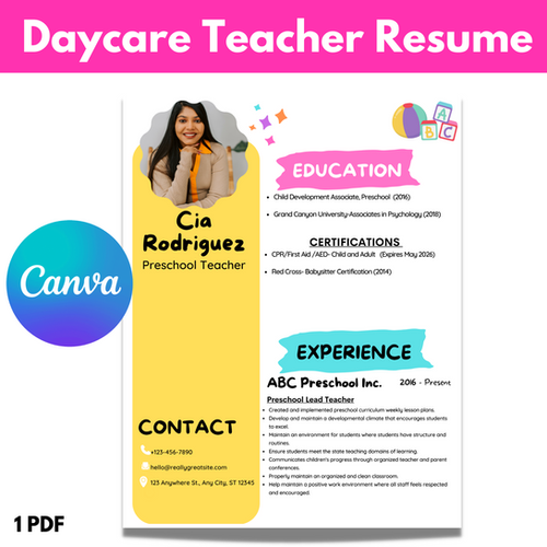 Early Childcare Teacher Resume Canva Template Princess Educator