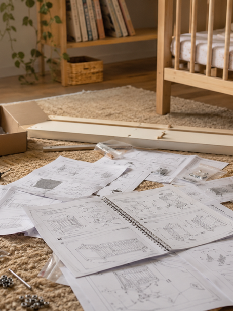 Nursery bedroom with crib parts, screws, and instruction sheets spread on a rug, suggesting a bed is being assembled