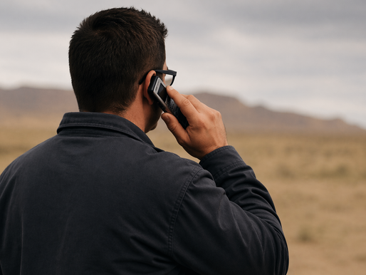 Man in a dark jacket talks on phone in a desert landscape. Overcast sky, distant hills. Mood is contemplative.