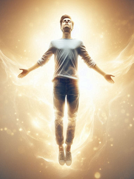 Young man levitates with arms outstretched in a glowing golden light, looking serene and spiritual.