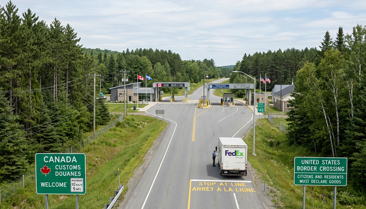 Wide-angle view of a quiet border crossing between Canada and the United States.