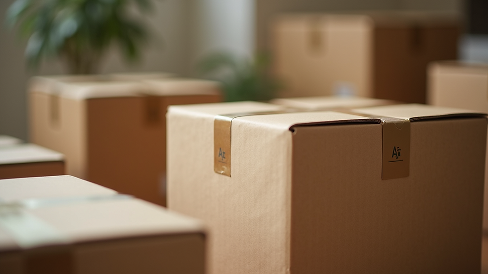 Close-up of packing boxes with labels on them