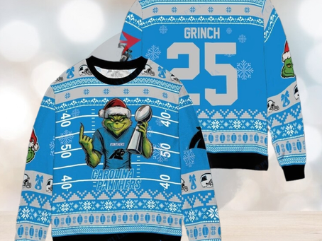 Carolina Panthers x Grinch Christmas Dr. Seuss How the Grinch Stole Christmas with Super Bowl Trophy Custom Ugly Christmas Sweater