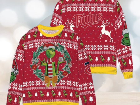 Minnesota Twins x Grinch Dr. Seuss How the Grinch Stole Christmas MLB with World Series Trophy Ugly Christmas Sweater Red