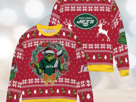 New York Jets x Grinch NFL Dr. Seuss How the Grinch Stole Christmas with Super Bowl Trophy Ugly Christmas Sweater Red