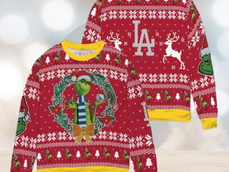 Los Angeles Dodgers x Grinch Dr. Seuss How the Grinch Stole Christmas MLB with World Series Trophy Ugly Christmas Sweater Red