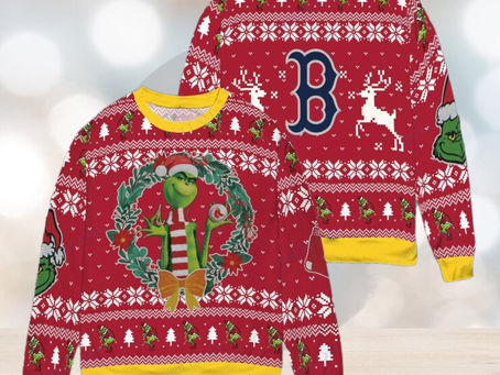 Boston Red Sox x Grinch Dr. Seuss How the Grinch Stole Christmas MLB with World Series Trophy Ugly Christmas Sweater Red