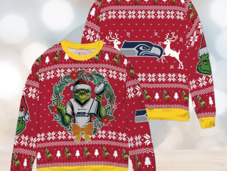 Seattle Seahawks x Grinch NFL Dr. Seuss How the Grinch Stole Christmas with Super Bowl Trophy Ugly Christmas Sweater Red