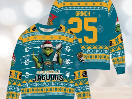 Jacksonville Jaguars x Grinch Christmas Dr. Seuss How the Grinch Stole Christmas with Super Bowl Trophy Custom Ugly Christmas Sweater