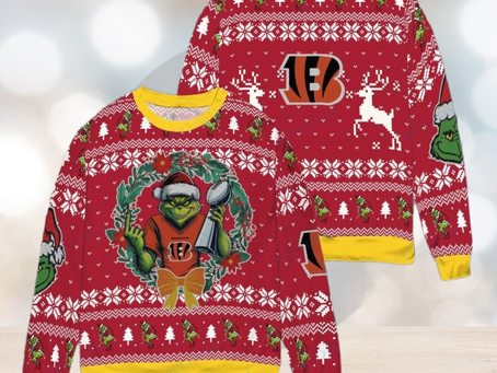 Cincinnati Bengals x Grinch NFL Dr. Seuss How the Grinch Stole Christmas with Super Bowl Trophy Ugly Christmas Sweater Red