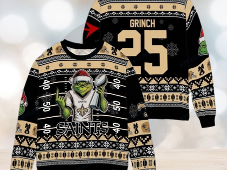 New Orleans Saints x Grinch Christmas Dr. Seuss How the Grinch Stole Christmas with Super Bowl Trophy Custom Ugly Christmas Sweater