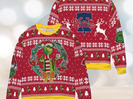 Philadelphia Phillies x Grinch Dr. Seuss How the Grinch Stole Christmas MLB with World Series Trophy Ugly Christmas Sweater Red