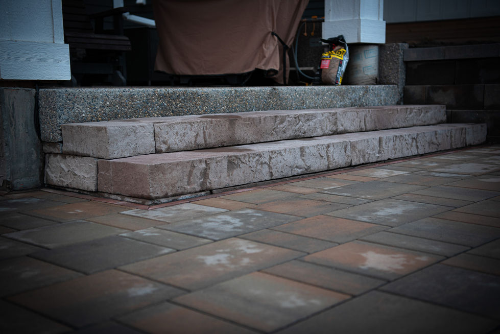 Stone steps leading up to patio area with clean multi-level hardscape design