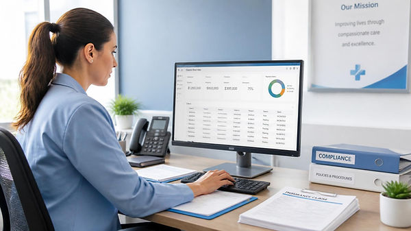 A professional medical billing and revenue cycle support scene in a modern healthcare offi