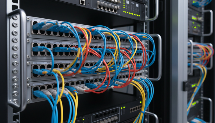 Eye-level view of fibre network cables connected to a patch panel