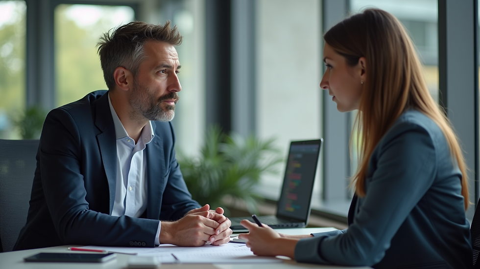 Eye-level view of a professional IT consultant discussing solutions with a business owner