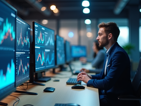 Eye-level view of a modern office workspace with multiple screens displaying data analytics