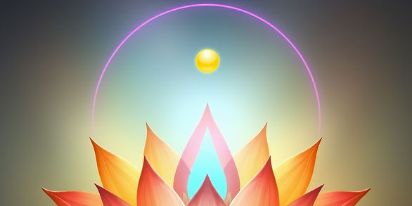 an artistic lotus flower with the chakra colours shown as circle hovering in a straight li