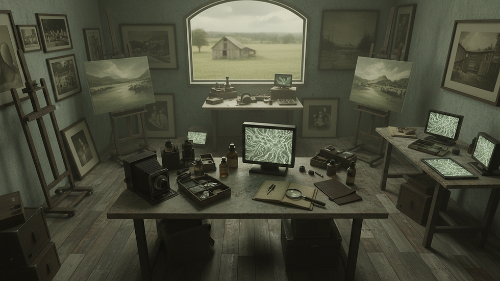 High angle view of a modern art studio with digital AI art displays