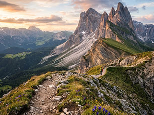 rocky mountain ridge at sunset, with jagged peaks, wildflowers, and a pastel sky.