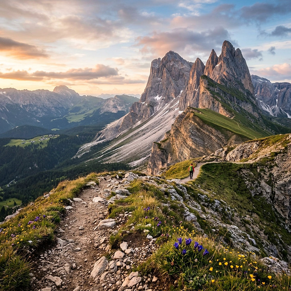 rocky mountain ridge at sunset, with jagged peaks, wildflowers, and a pastel sky.