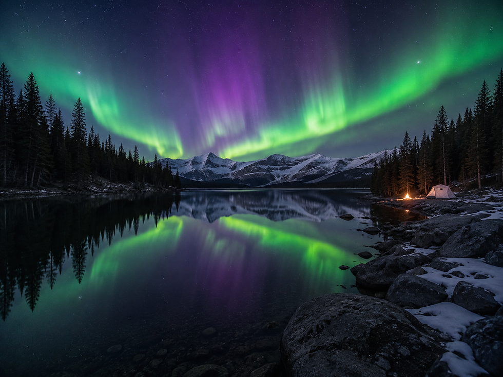 Green and purple aurora over snowy mountains and a still lake, with pine trees, a lit campfire, and a tent on the shore