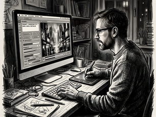 Man at desk using tablet and computer to generate cyberpunk city art; screen reads PROMPT: CYBERPUNK CITY, RAIN, NEON, DETAILED.