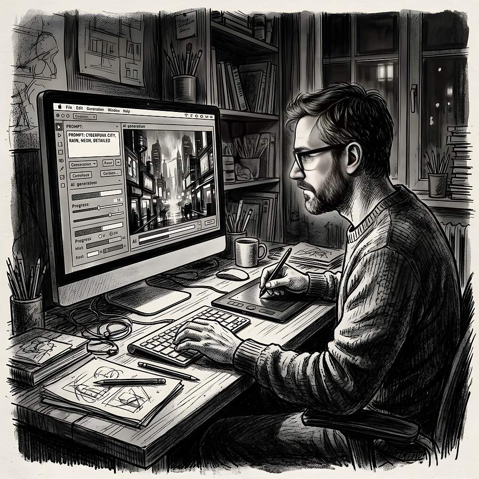 Man at desk using tablet and computer to generate cyberpunk city art; screen reads PROMPT: CYBERPUNK CITY, RAIN, NEON, DETAILED.