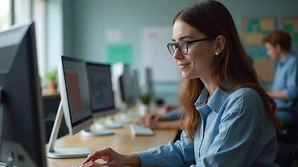Close-up view of a student creating an AI video project on a computer