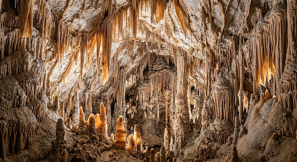 The interior of a limestone cave photographed with a 15-minute exposure using only a single LED headtorch moved continuously during the exposure to light-paint every stalactite and stalagmite surface from multiple angles simultaneously. The result is a cave interior with no visible shadows — every formation lit from all sides — revealing the translucency of the thinner calcite formations as warm amber against the cooler surrounding rock. Shot on a Nikon Z9 in RAW, ISO 800, f/8, the 15-minute exposure accumulating light in a way no single-moment photograph could achieve.