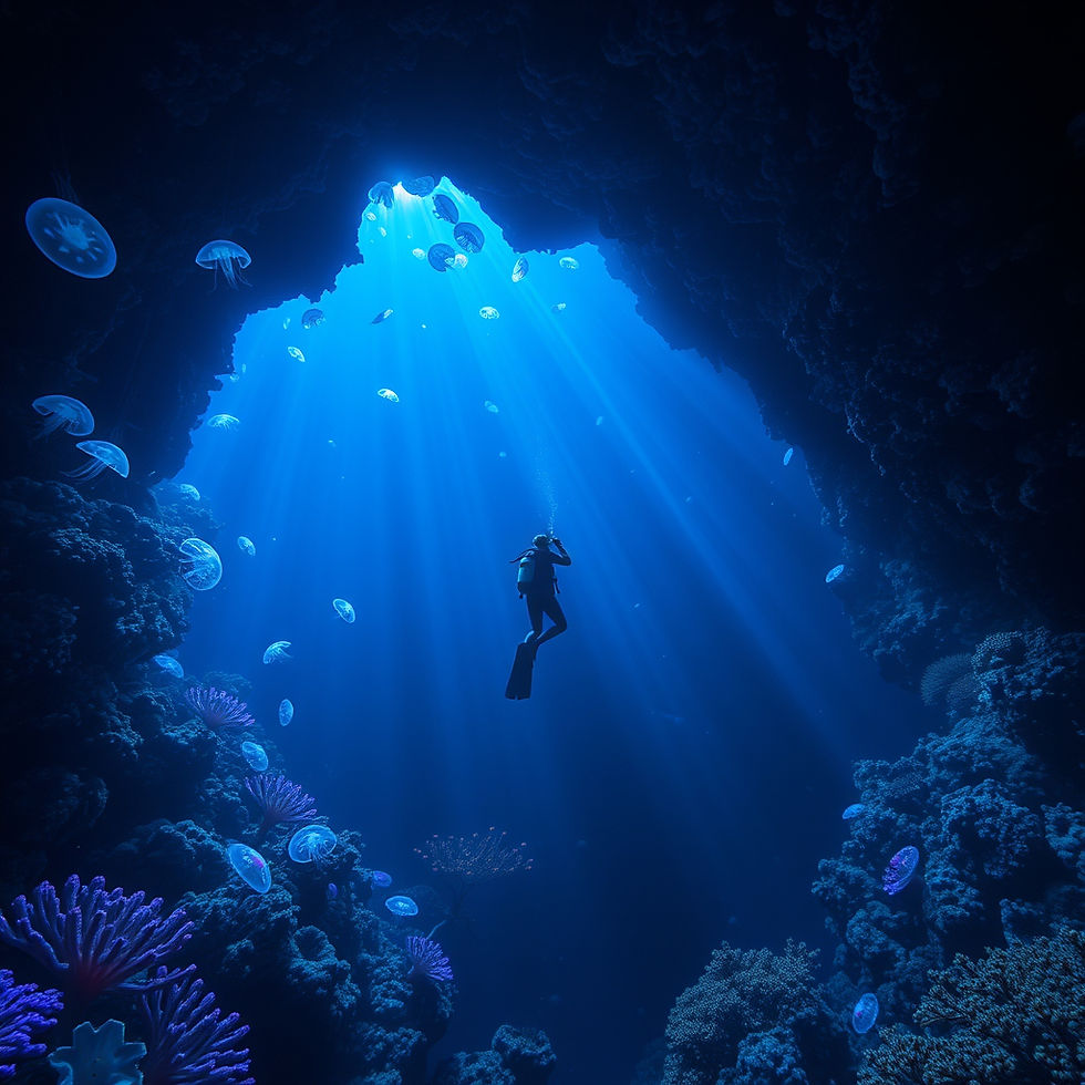 An otherworldly underwater scene at great depth, bioluminescent jellyfish and coral casting blue and violet light, a diver in silhouette exploring a vast coral arch, inky black water, god rays from the surface far above, hyper-detailed digital painting --ar 16:9 --v 6