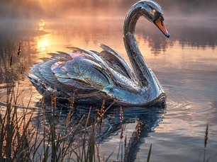 Metallic swan glides on a misty lake at sunrise, reflecting golden light, with reeds in the foreground and trees silhouetted.